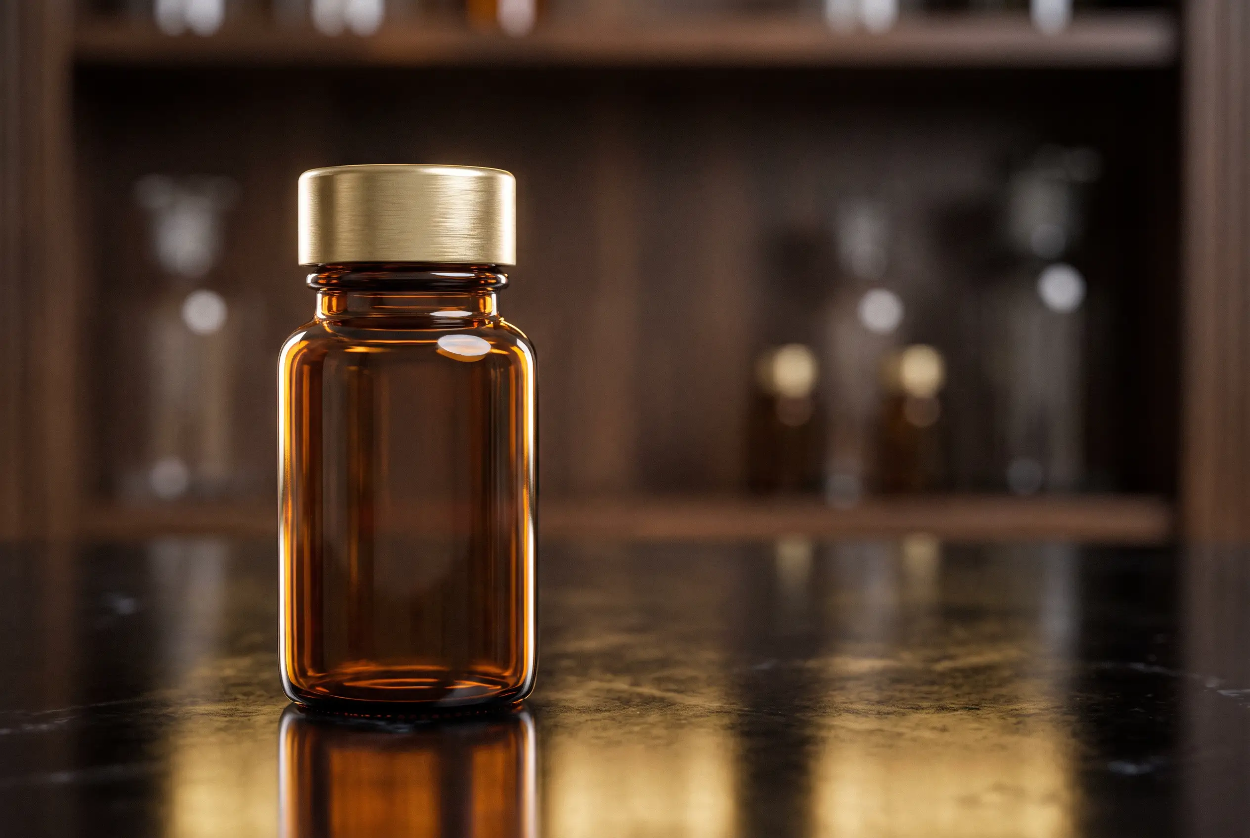 An elegant glass vial on a reflective surface